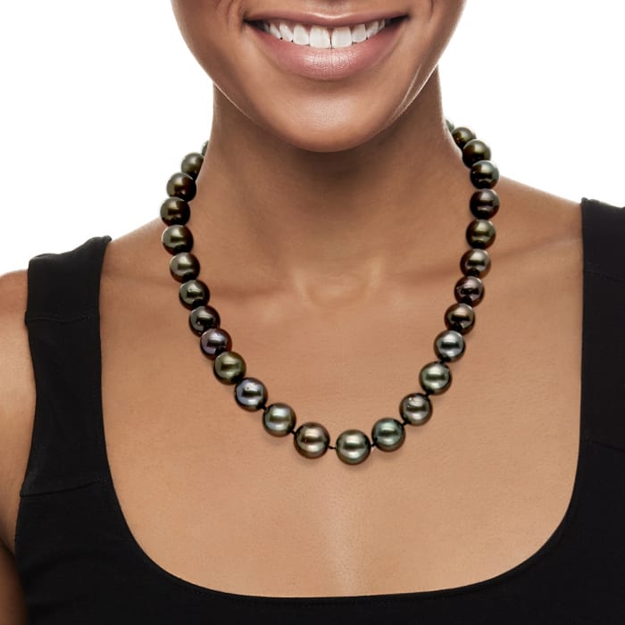 13 15mm Black Cultured Tahitian Pearl Strand Necklace with 14kt