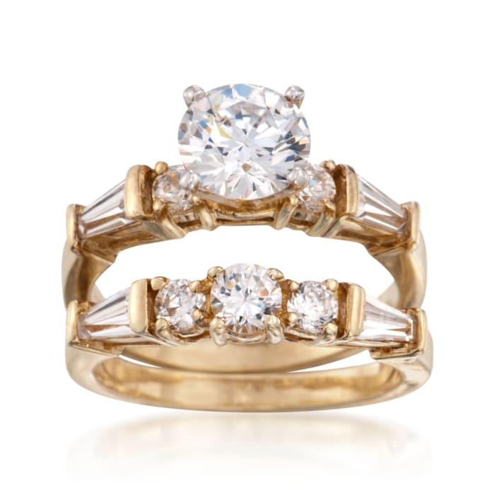 2.60 ct. t.w. CZ Bridal Set: Engagement and Wedding Rings in 18kt Yellow Gold Over Sterling