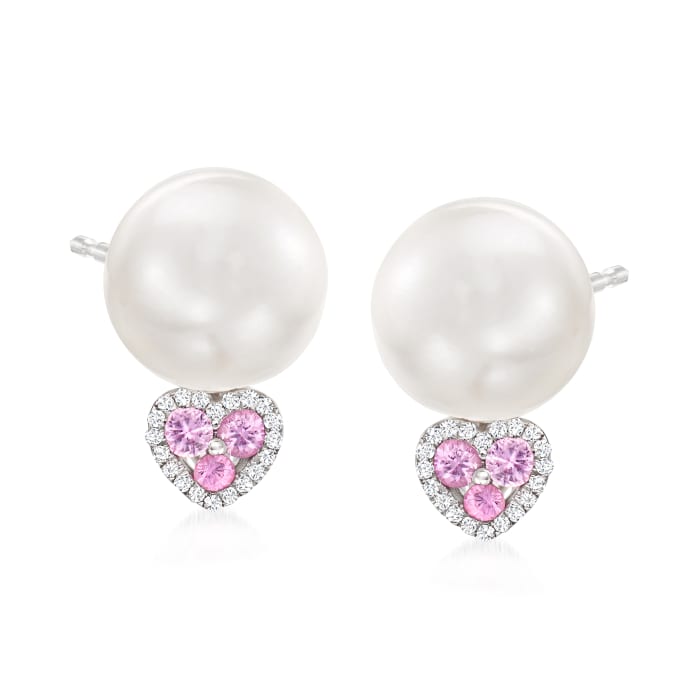 10-10.5mm Cultured Pearl Drop Earrings with .20 ct. t.w. Pink Sapphire Hearts and Diamond Accents in 14kt White Gold