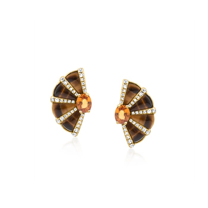 .80 ct. t.w. Orange Garnet and Tiger Eye Earrings with .28 ct. t.w. Diamonds in 14kt Yellow Gold