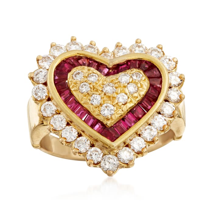 C. 1980 Vintage .75 ct. t.w. Diamond and .50 ct. t.w. Ruby Heart-Shaped Ring in 18kt Yellow Gold