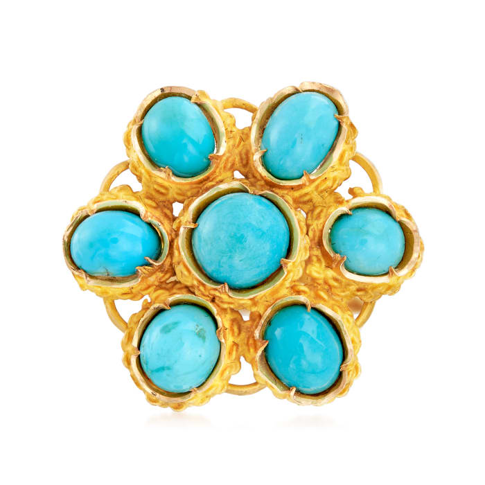 C. 1970 Vintage Turquoise Flower Ring in 18kt Yellow Gold