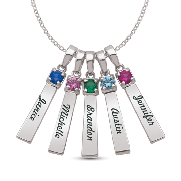 Personalized Vertical Bar Pendant Necklace in Sterling Silver - 1 to 5 Birthstones and Names