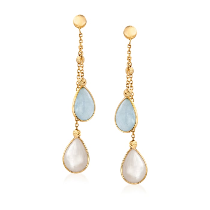 Italian Mother-Of-Pearl and Aquamarine Drop Earrings in 14kt Yellow Gold