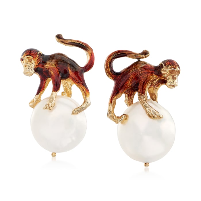 Italian 16mm Cultured Pearl Monkey Earrings in 18kt Gold Over Sterling