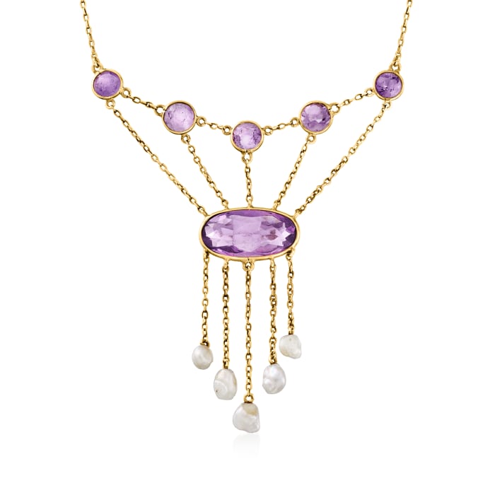 C. 1890 Vintage 7.00 ct. t.w. Amethyst and 5x3.5mm Cultured Pearl Drop Necklace in 14kt Yellow Gold