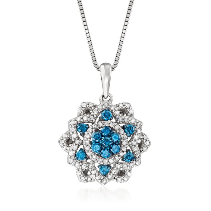 .50 ct. t.w. Blue and White Diamond Flower Pendant Necklace in Sterling Silver