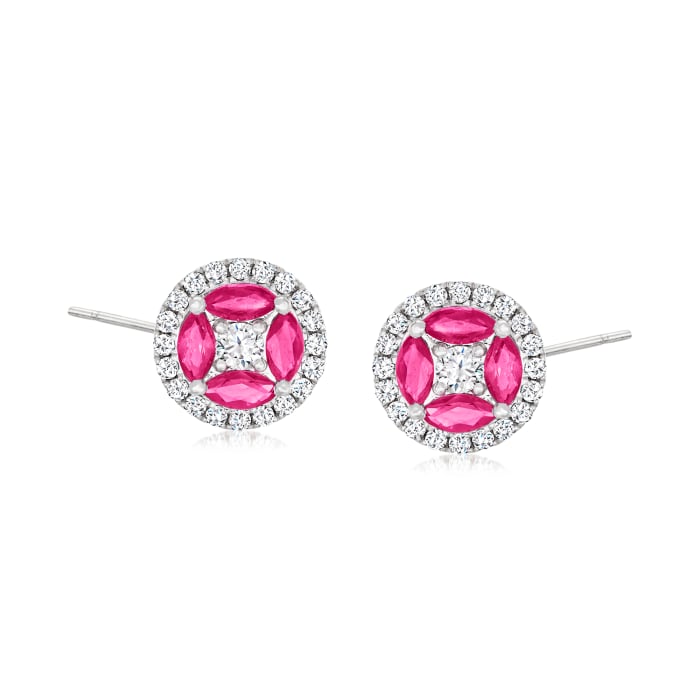1.70 ct. t.w. Ruby and .69 ct. t.w. Diamond Halo Earrings in 18kt White Gold