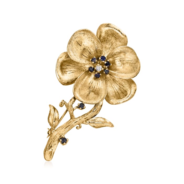 C. 1970 Vintage .65 ct. t.w. Sapphire and .10 ct. t.w. Diamond Flower Pin in 14kt Yellow Gold