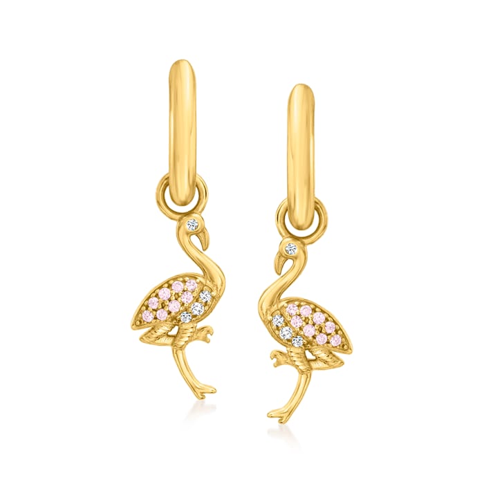 Italian Simulated Pink Sapphire and CZ-Accented Flamingo Huggie Hoop Drop Earrings in 18kt Gold Over Sterling