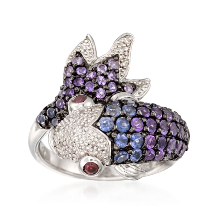 .90 ct. t.w. Amethyst and .40 ct. t.w. Iolite Koi Ring with Diamonds and Garnets in Sterling Silver