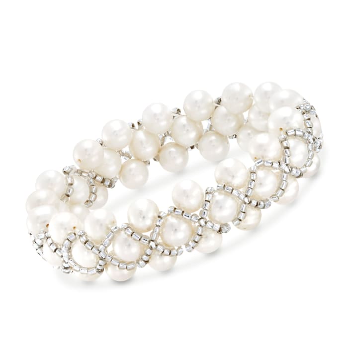 7-7.5mm Cultured Pearl and Gray Glass Bead Stretch Bracelet