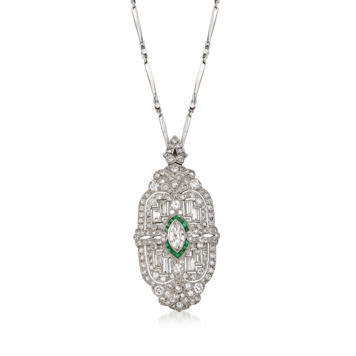 C. 1950 Vintage 4.55 ct. t.w. Diamond and .35 ct. t.w. Emerald Pin/Pendant Necklace in Platinum