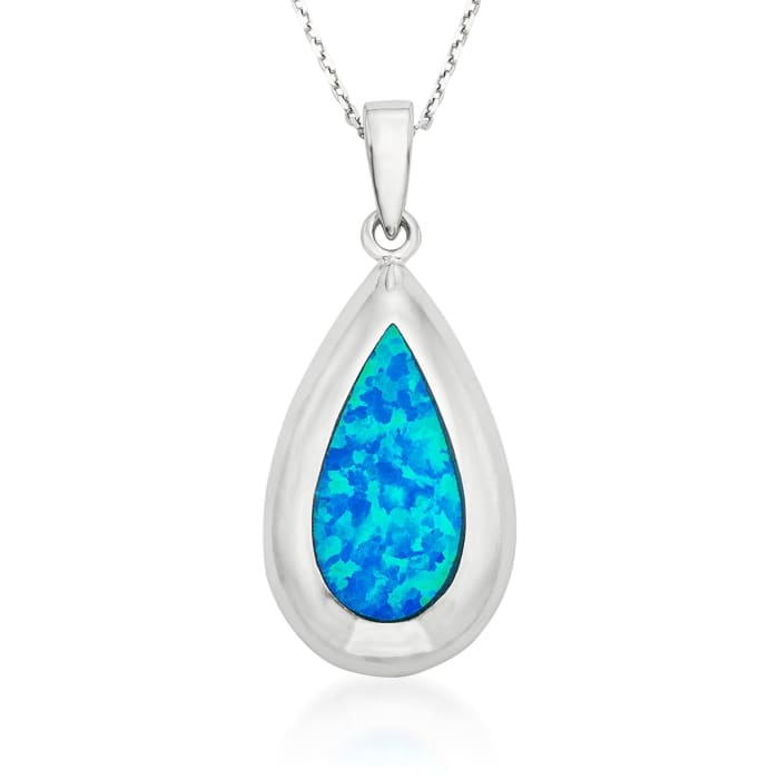 Blue Synthetic Opal Teardrop Pendant Necklace in Sterling Silver