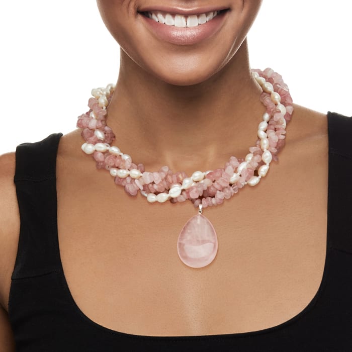 695.00 ct. t.w. Rose Quartz and 7-8mm Cultured Pearl Necklace with Sterling Silver 18-inch
