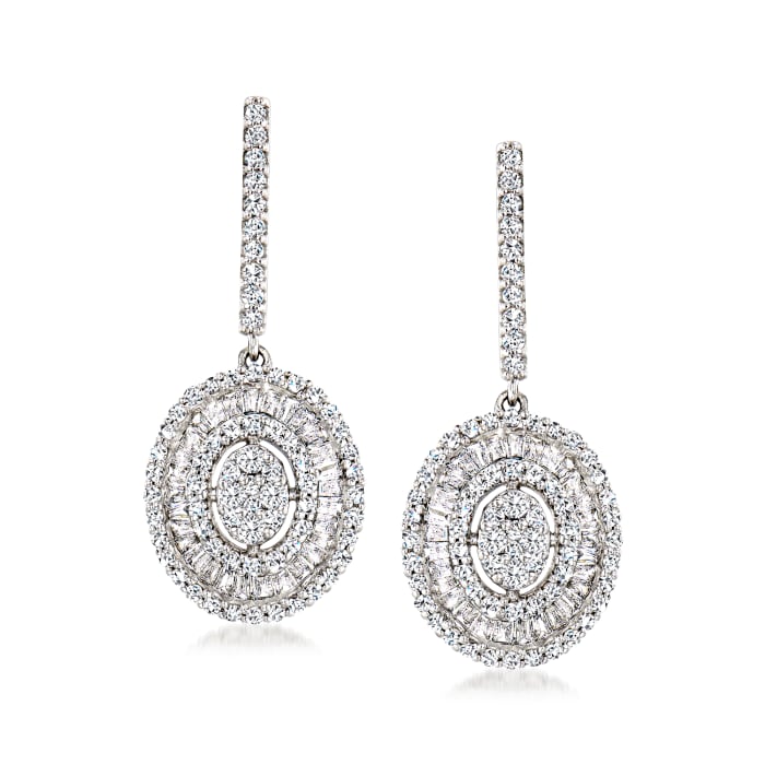 1.05 ct. t.w. Round and Baguette Diamond Oval Drop Earrings in 14kt White Gold