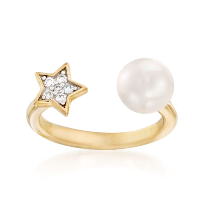 7.5-8mm Cultured Pearl and Star Open-Front Ring with CZ Accents in 18kt Yellow Gold Over Sterling Silver