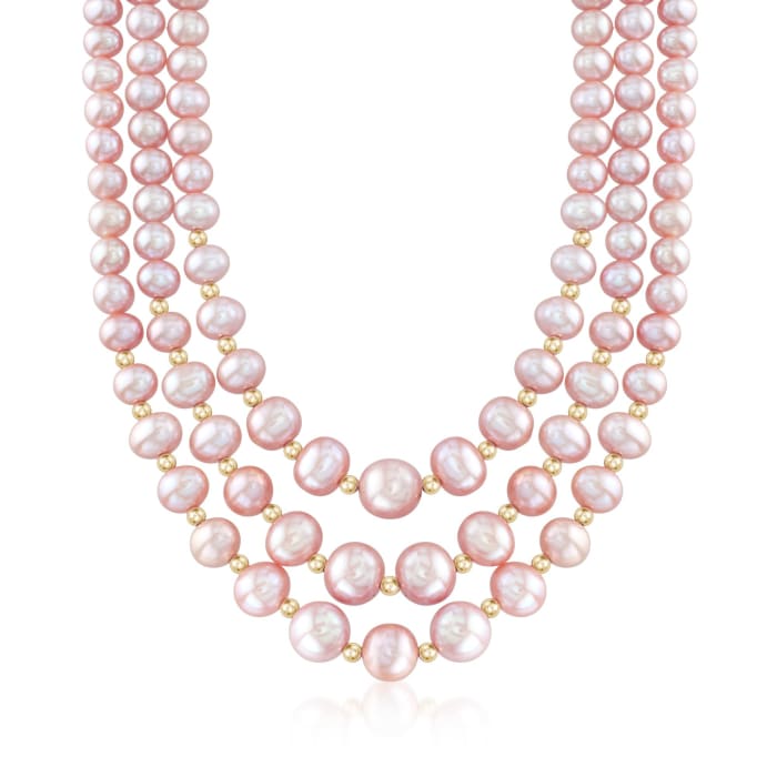 4-9mm Pink Cultured Pearl Three-Strand Necklace With 14kt Yellow Gold