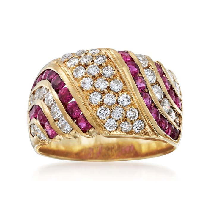 C. 1980 Vintage 1.10 ct. t.w. Ruby and 1.10 ct. t.w. Diamond Wide Ring in 18kt Yellow Gold