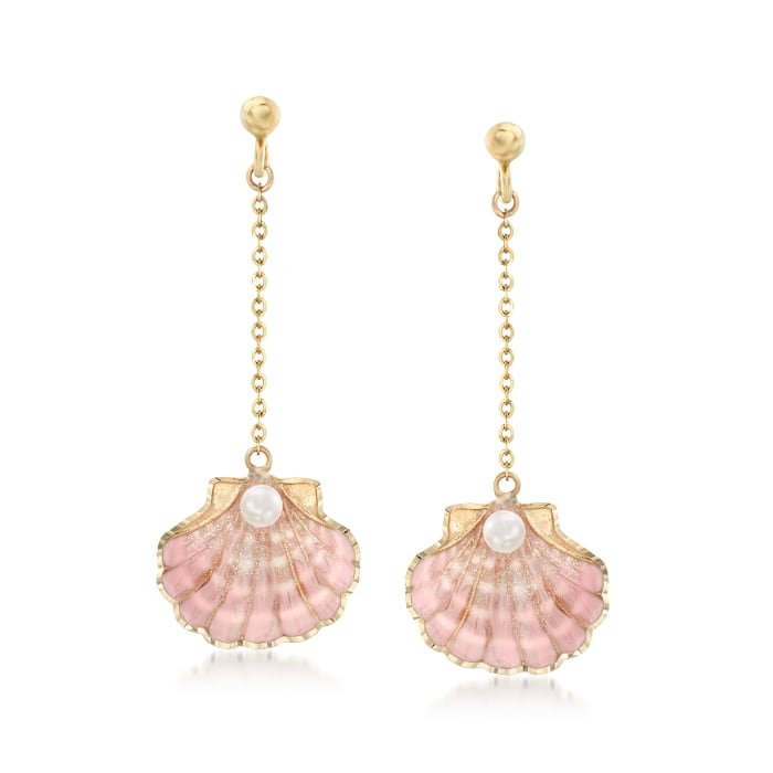 3mm Cultured Pearl and Pink Enamel Seashell Drop Earrings in 14kt Yellow Gold