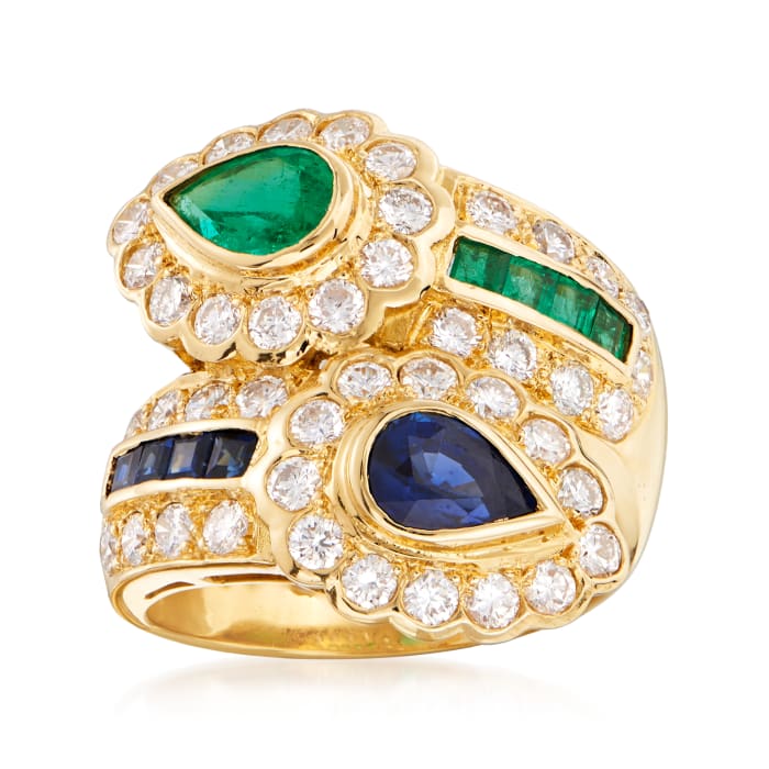 C. 1980 Vintage 1.76 ct. t.w. Diamond, 1.04 ct. t.w. Sapphire and .76 ct. t.w. Emerald Bypass Ring in 18kt Yellow Gold