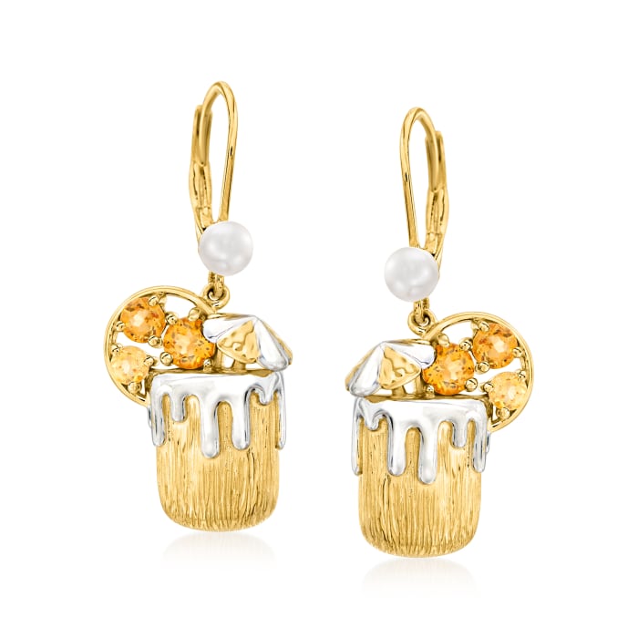 4-4.5mm Cultured Pearl and .80 ct. t.w. Citrine Tropical Beverage Drop Earrings in 18kt Gold Over Sterling