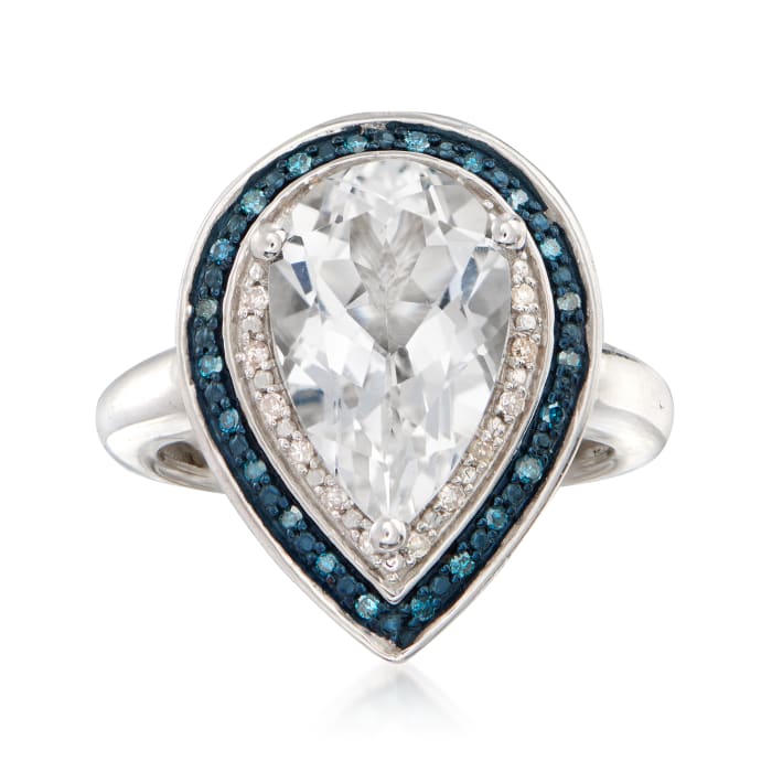 4.80 Carat White Topaz and .20 ct. t.w. Blue and White Diamond Pear-Shaped Ring in Sterling Silver