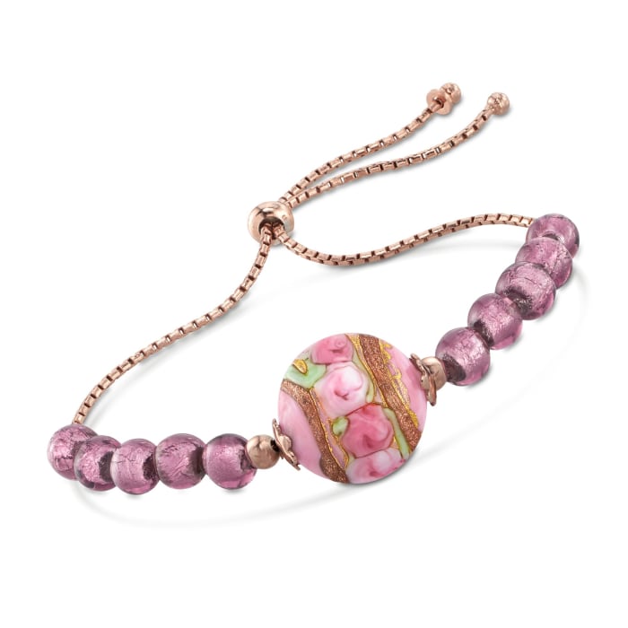 Italian Pink Murano Glass Bead Bolo Bracelet in 18kt Rose Gold Over Sterling