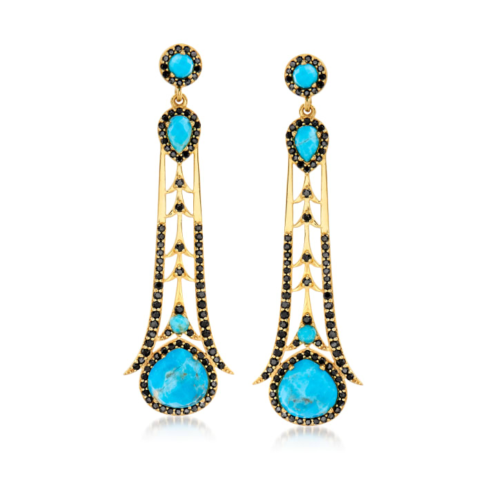 Multi-Shaped Stabilized Turquoise and 2.90 ct. t.w. Black Spinel Drop Earrings in 18kt Gold Over Sterling 