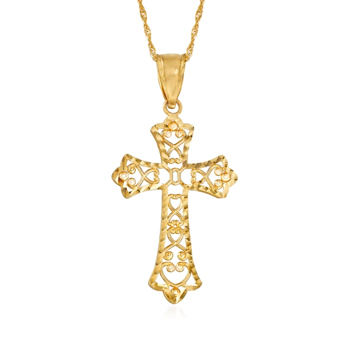 14kt Yellow Gold Cut-Out Filigree Cross Pendant Necklace
