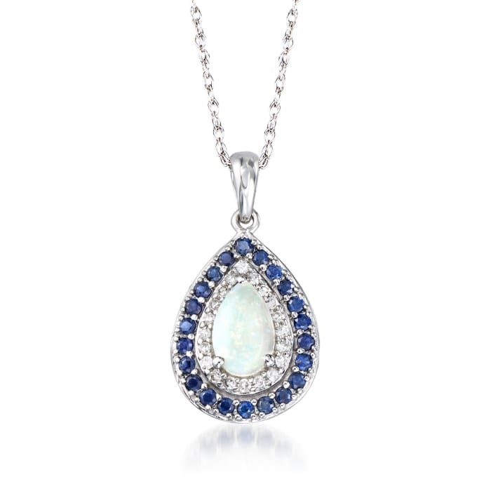 Opal and .40 ct. t.w. Sapphire Pendant Necklace with Diamonds in 14kt White Gold