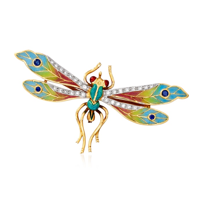 C. 1970 Vintage .45 ct. t.w. Diamond, .35 ct. t.w. Sapphire and Multicolored Enamel Plique-A-Jour Dragonfly Pin in 18kt Yellow Gold
