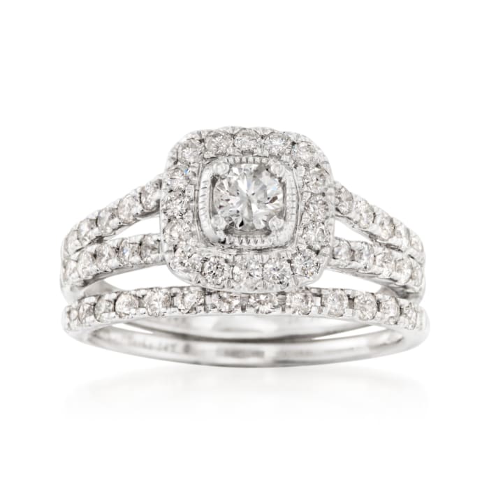1.00 ct. t.w. Diamond Bridal Set: Halo Engagement and Wedding Rings in 14kt White Gold