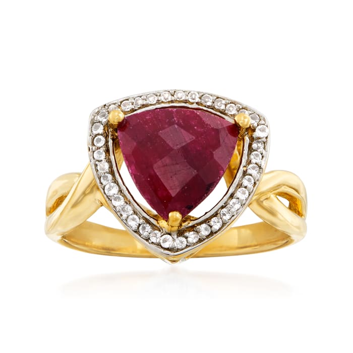 3.10 Carat Ruby and .15 ct. t.w. White Topaz Ring in 14kt Gold Over Sterling