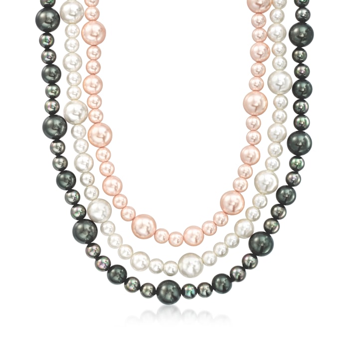 6-10mm Multicolored Shell Pearl Three-Strand Necklace with Sterling Silver