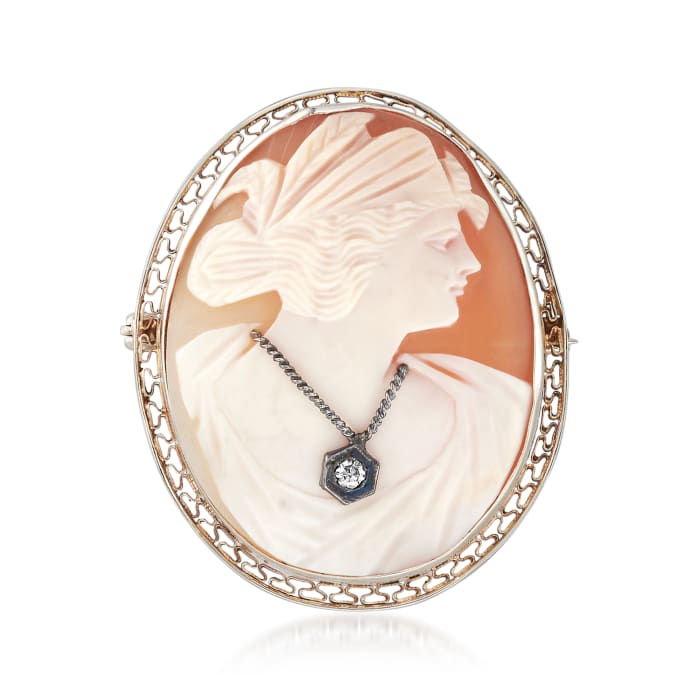 C. 1950 Vintage Pink Shell Cameo Pin with Diamond Accent