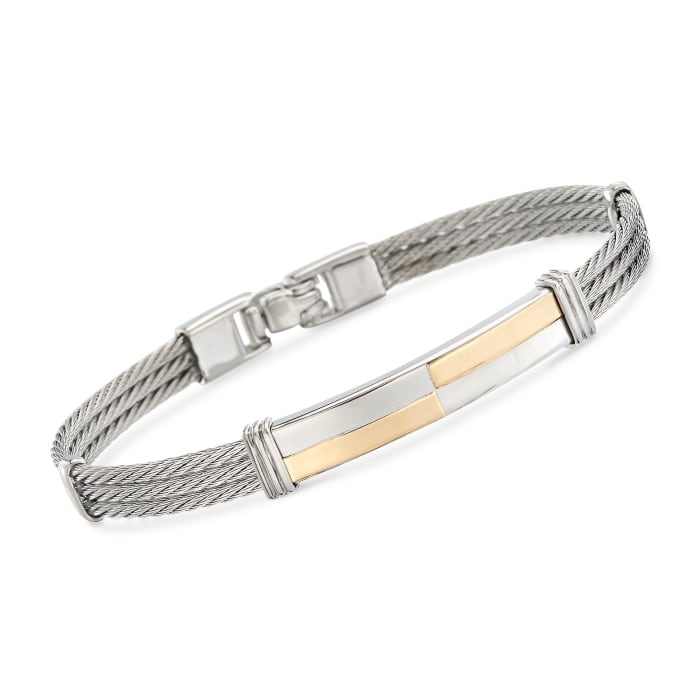 ALOR Men's 18kt Yellow Gold and Stainless Steel Cable Checkered Bar Bracelet