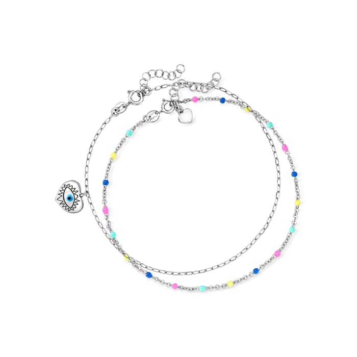 Italian Multicolored Enamel Jewelry Set: Evil Eye and Station Anklets in Sterling Silver