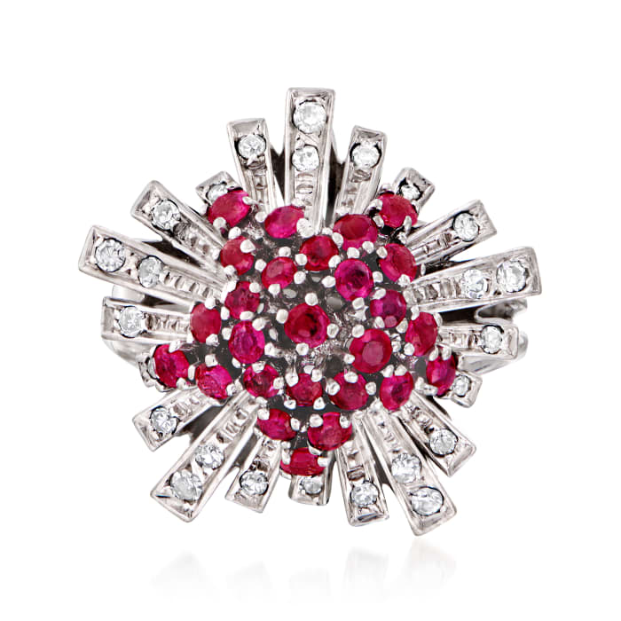 C. 1960 Vintage .75 ct. t.w. Ruby and .40 ct. t.w. Diamond Burst Ring in 18kt White Gold