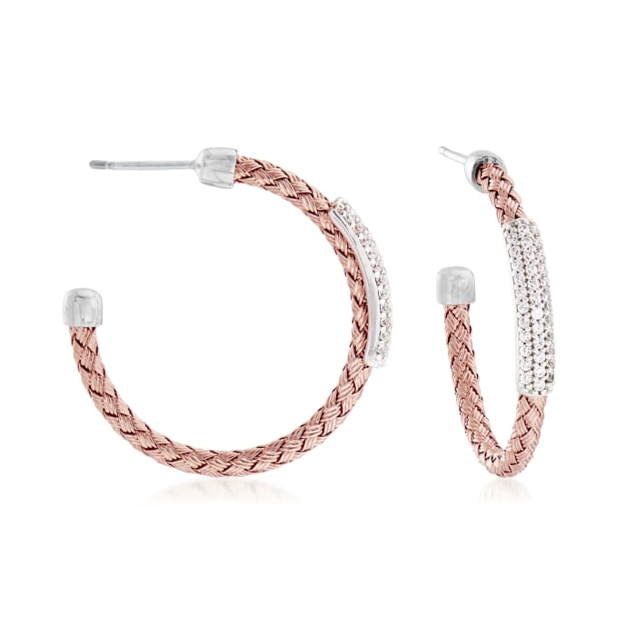.60 ct. t.w. Pave CZ Basketweave Hoop Earrings in Sterling Silver and 18kt Rose Gold Over Sterling Silver