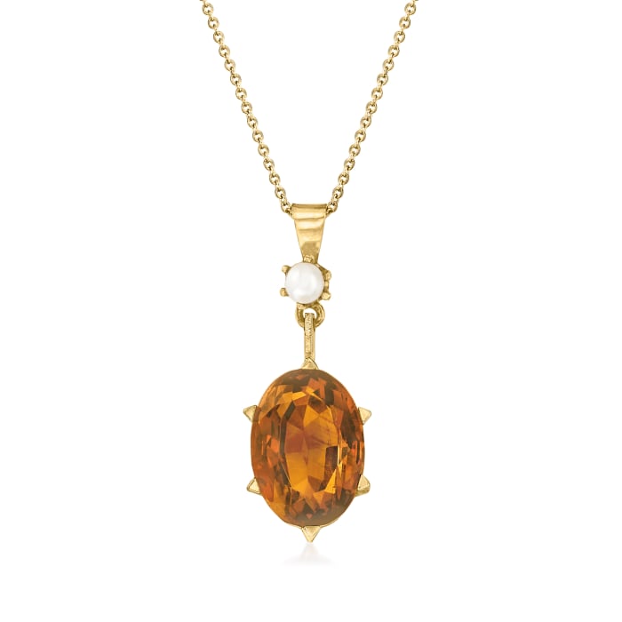 C. 1950 Vintage 11.00 Carat Citrine Pendant Necklace with 4mm Cultured Pearl in 14kt Yellow Gold