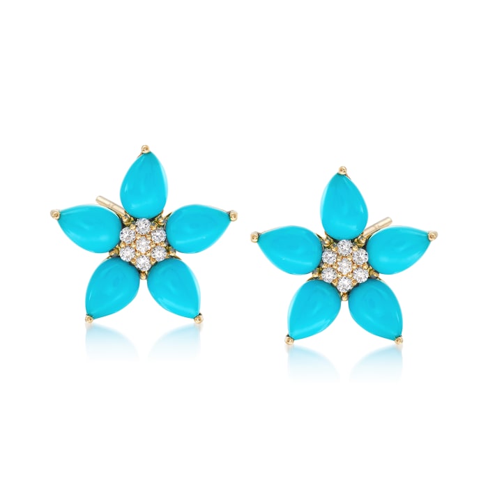 6x4mm Turquoise and .14 ct. t.w. Diamond Flower Earrings in 14kt Yellow Gold