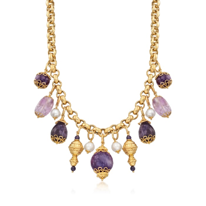Italian Amethyst and Cultured Pearl Necklace in 18kt Gold Over Sterling