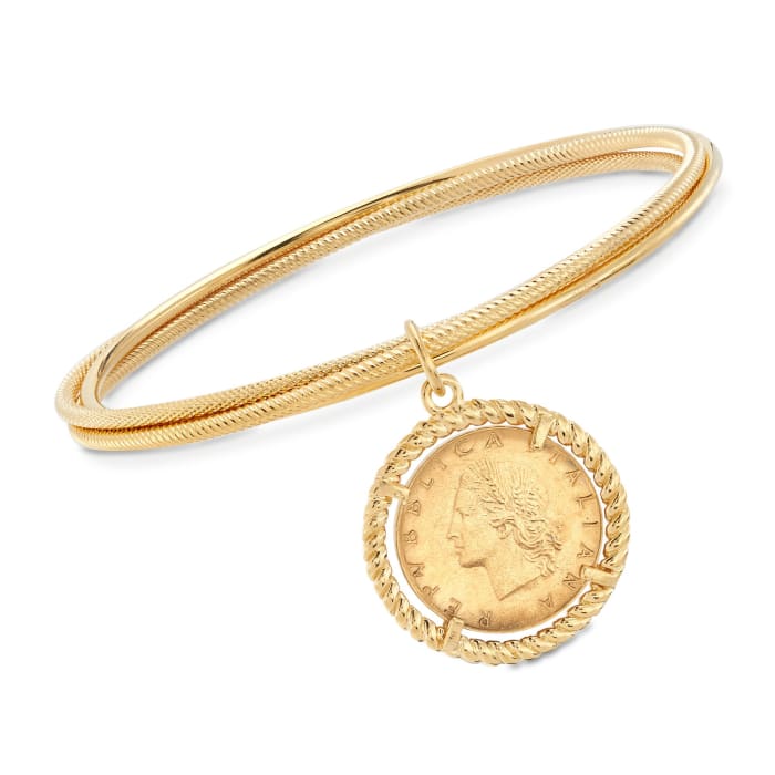 Italian 18kt Gold Over Sterling Replica Lira Coin Rolling Bangle Bracelet