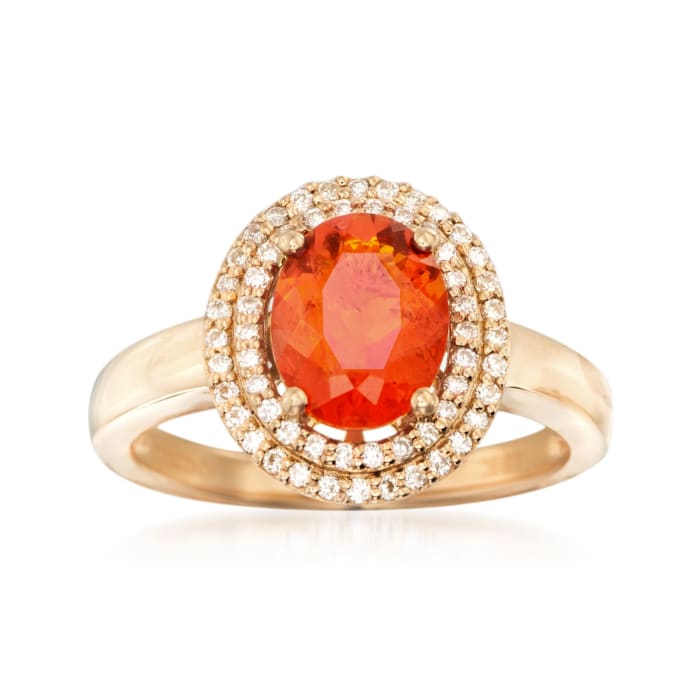 9x7mm Fire Opal and .29 ct. t.w. Diamond Ring in 18kt Yellow Gold