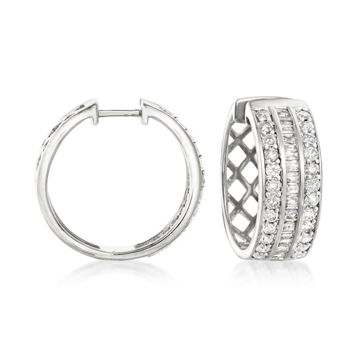 2.00 ct. t.w. Diamond Baguette and Round Diamond Hoop Earrings in Sterling Silver