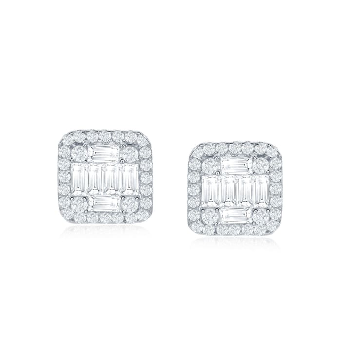 .85 ct. t.w. Baguette and Round CZ Square Stud Earrings in Sterling Silver