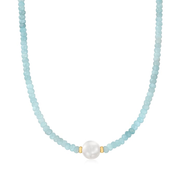 12-12.5mm Cultured Pearl and .60 ct. t.w. Aquamarine Necklace with 14kt Yellow Gold