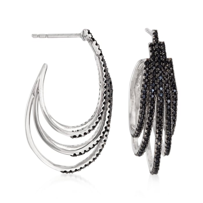 1.40 ct. t.w. Black Spinel Layered J-Hoop Earrings in Sterling Silver