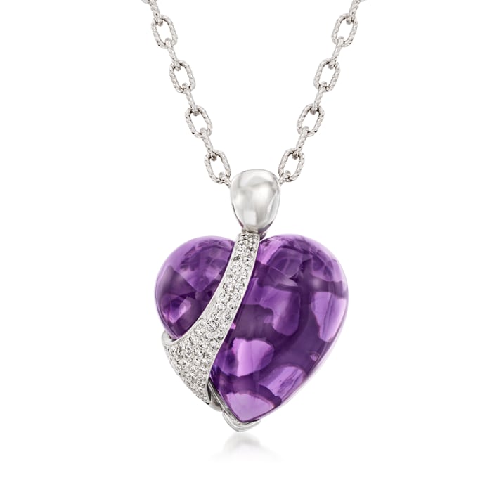 C. 1990 Vintage 45.00 Carat Amethyst and 1.10 ct. t.w. Diamond Heart Pendant Necklace in 14kt White Gold